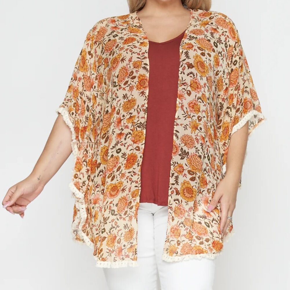 2 Piece Solid Top and Floral Kimono